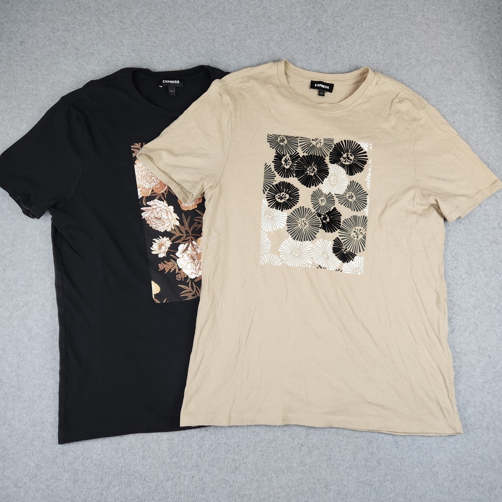 Express Mens Graphic T-Shirt Bundle 2 Pack Black Tan Floral Cotton Large L
